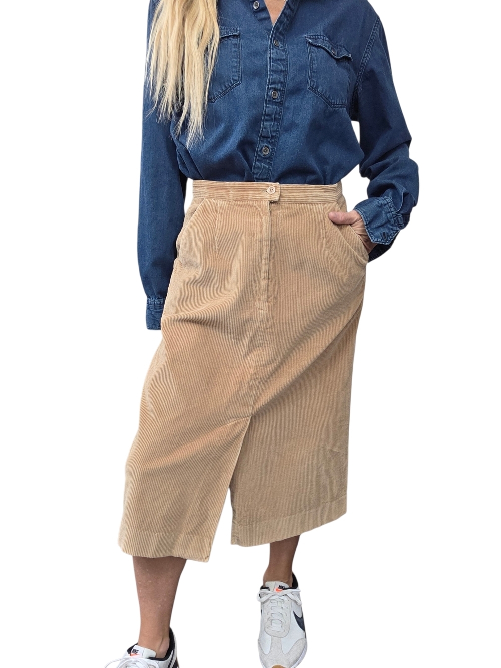 Vintage 90s Corduroy Midi Skirt High Rise Tan Slit Front Back 12